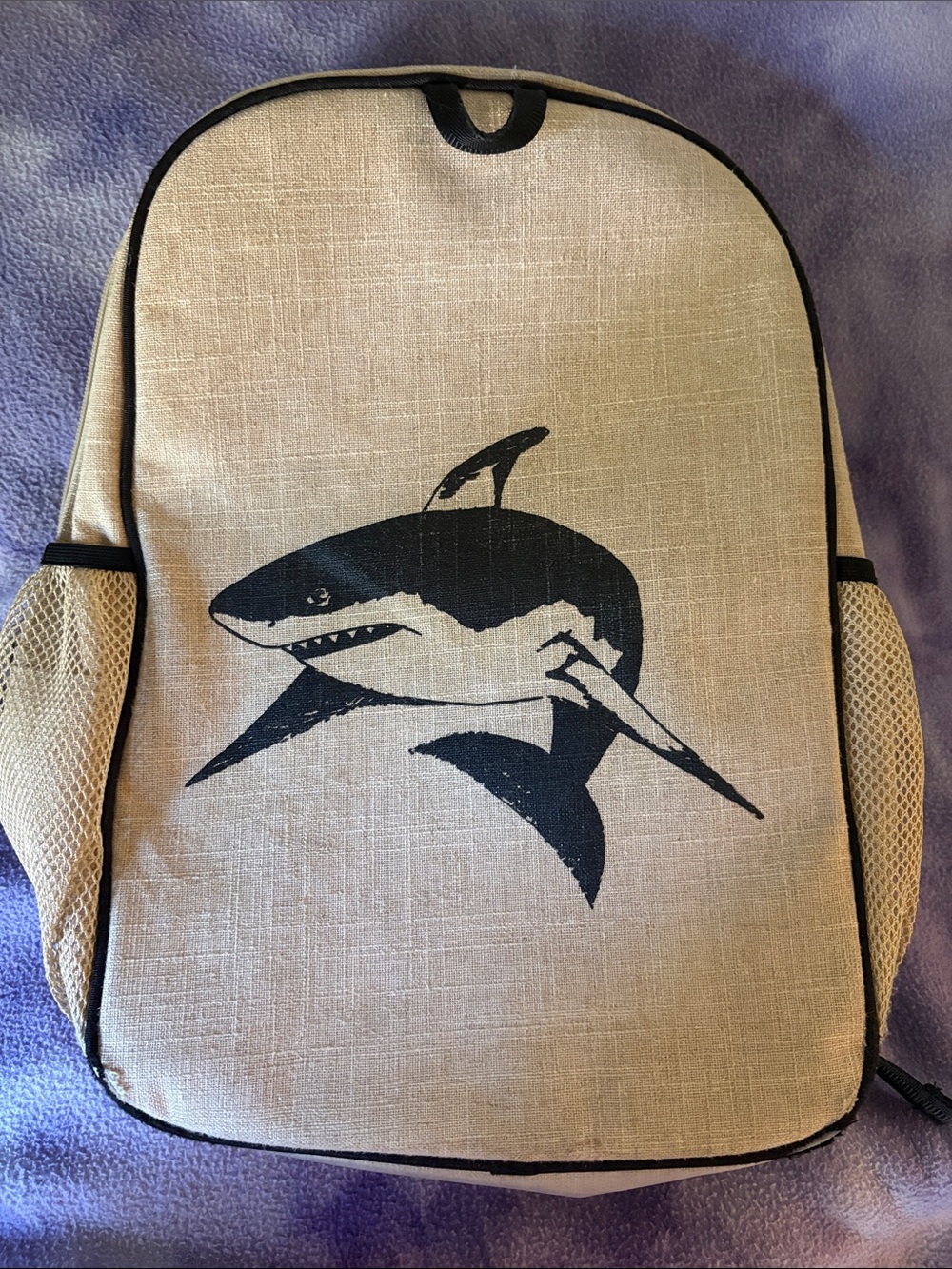 SoYoung Canvas Shark Print child’s Backpack - Beige with chest strap